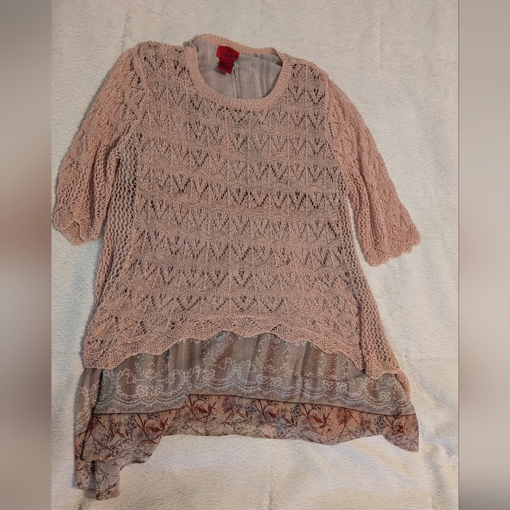 V Cristina Bohemian Fall Pink Peach Flowy Crochet Knit Mini Dress S